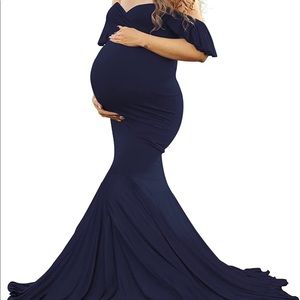 Saslax Off Shoulder Ruffle Sleeves Elegant Fitted Maxi Maternity Dress